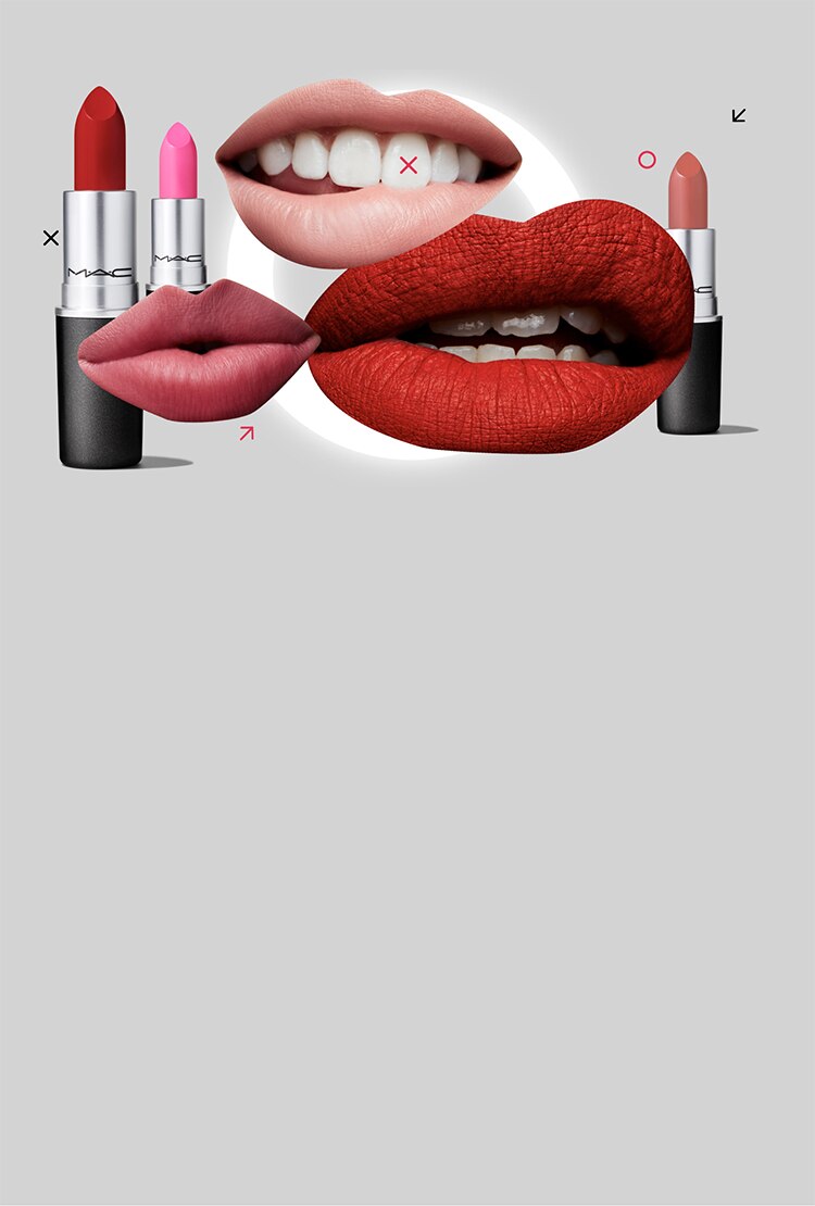 Group of lipsticks lying on a grey background