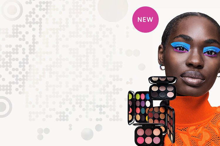 New Connect in Colour eyeshadow palettes, dynamically placed next to model showcasing a bold eye look